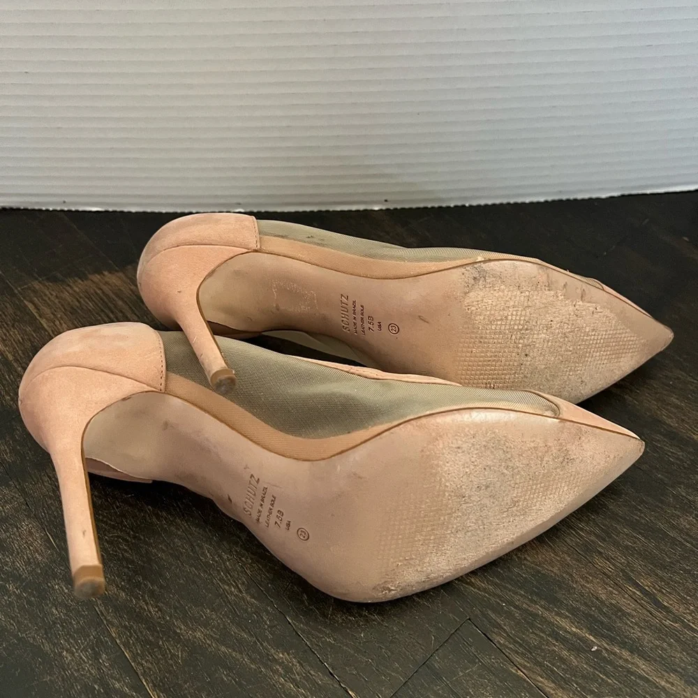Women’s Schutz Myrine Nubuck Beige Nude Mesh Leather High Heel Sexy Pump 7.5
